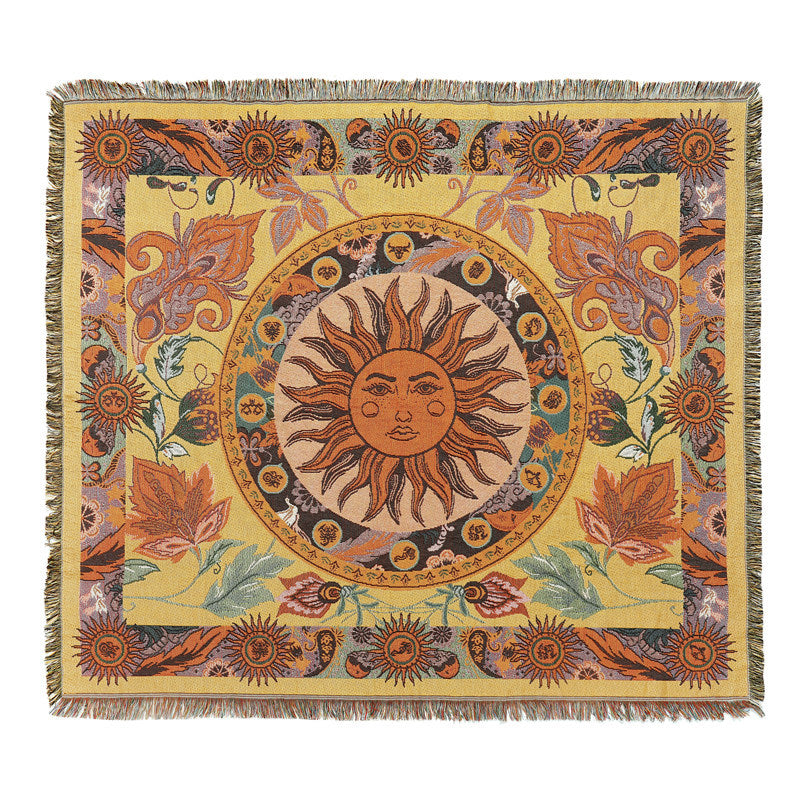 Coperta Sol Boho Estetica, Throw Tessuto Vintage con Frange