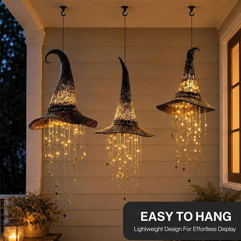 Halloween Hanging Lighted Witch Hat With Star Tassels