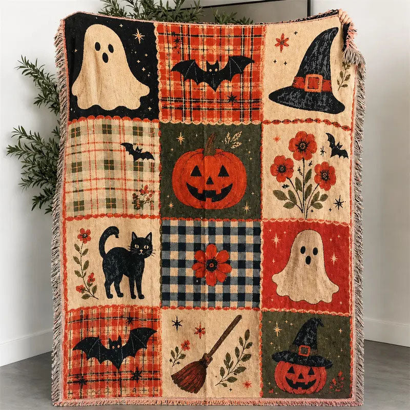 Coperta Throw con Nappine, Zucca e Fantasma di Halloween