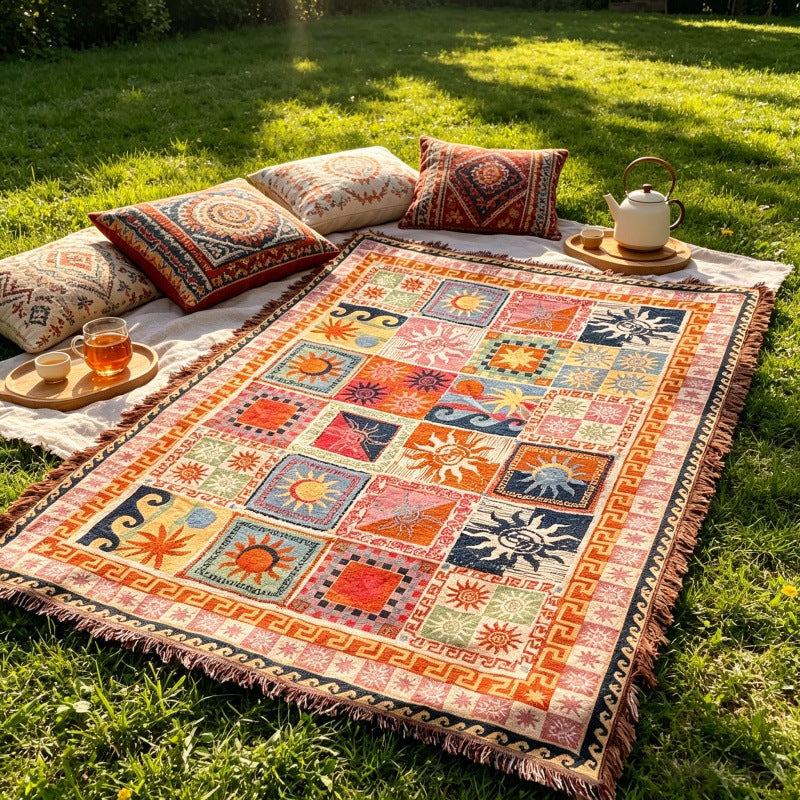 Aesthetic Boho Sun Blanket, Vintage Woven Throw with Fringe