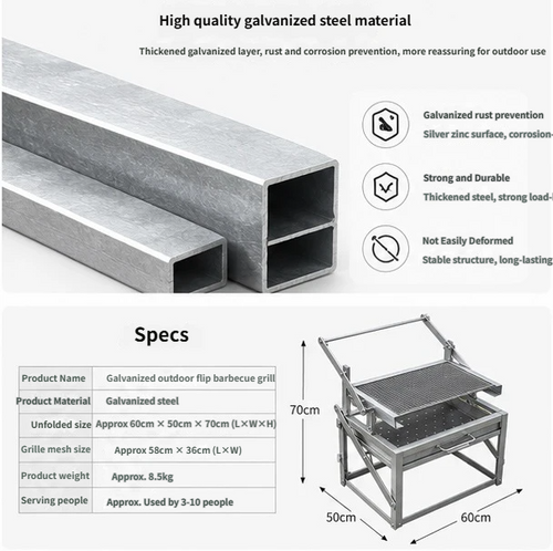 360° Flip‑able Charcoal Grill, Galvanized Steel