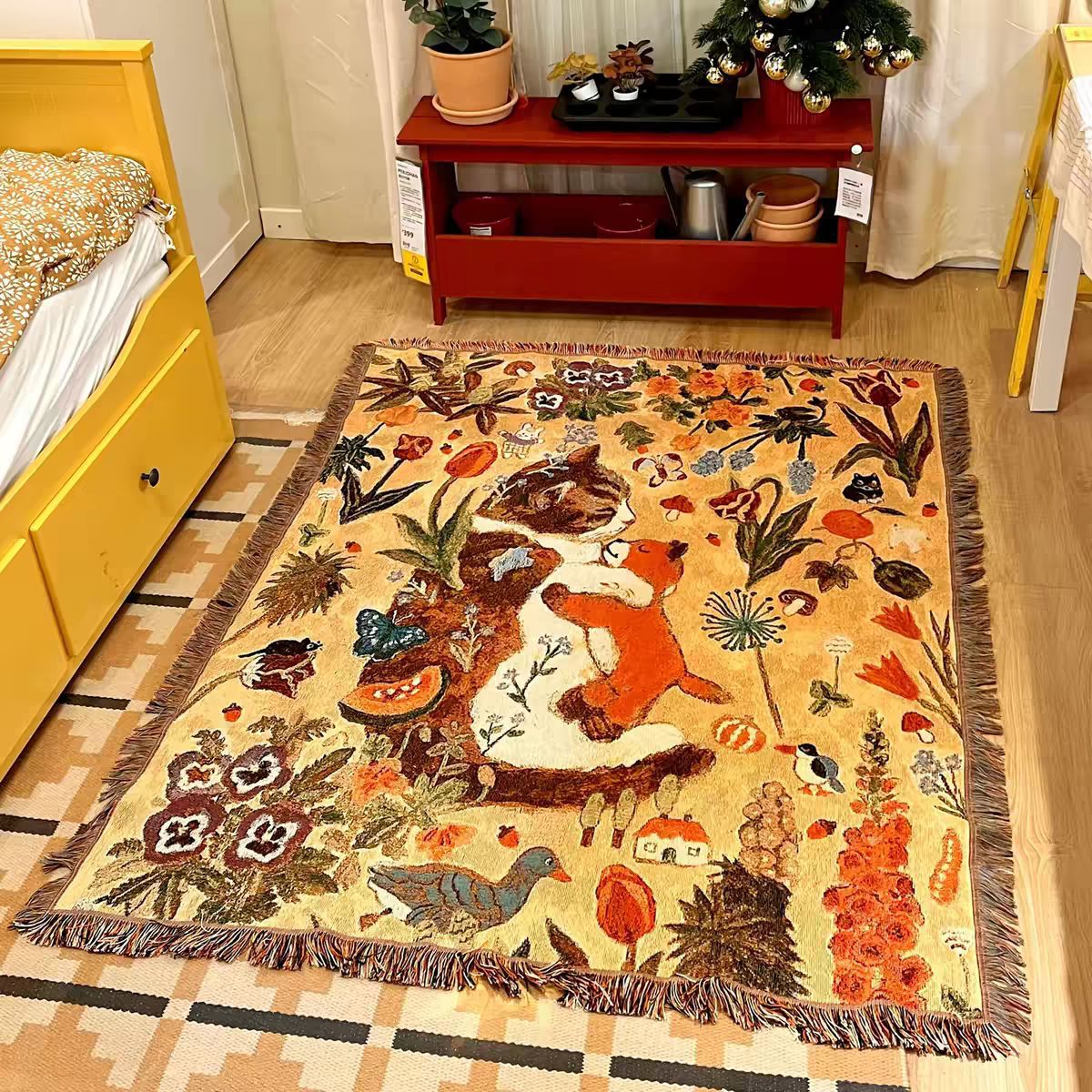 Aesthetic Boho Sun Blanket, Vintage Woven Throw with Fringe