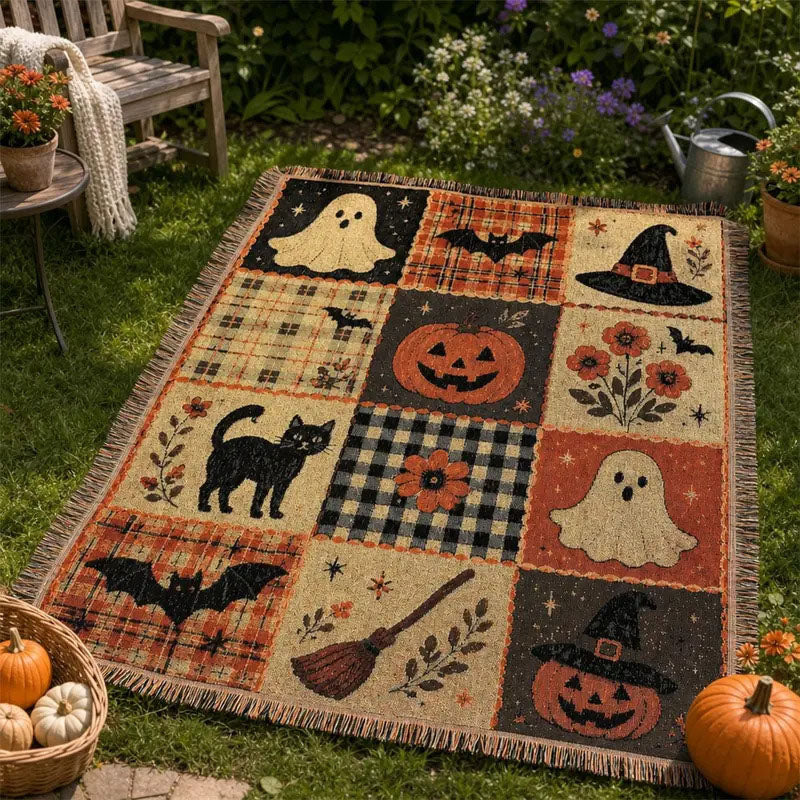 Coperta Throw con Nappine, Zucca e Fantasma di Halloween