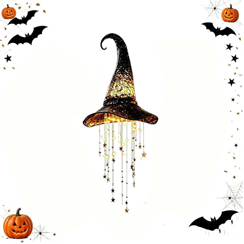 Halloween Hanging Lighted Witch Hat With Star Tassels