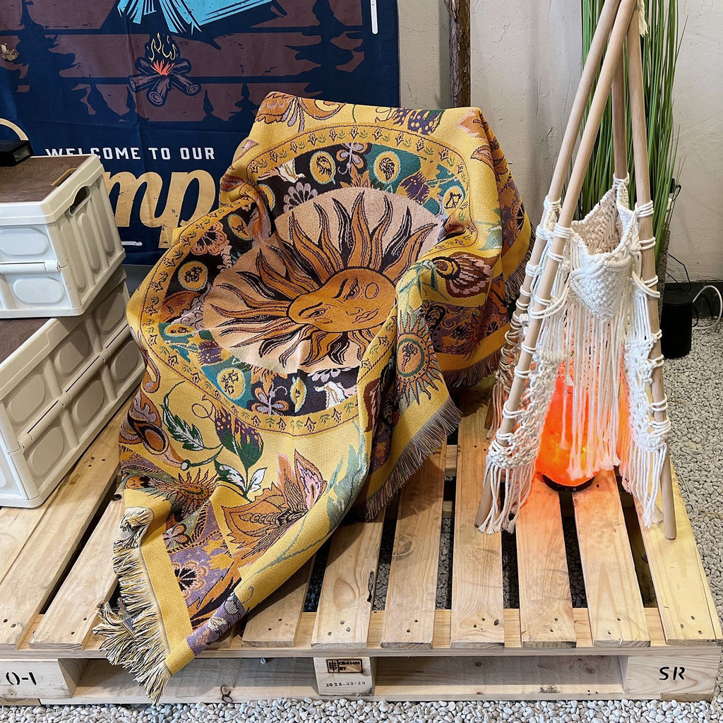 Coperta Sol Boho Estetica, Throw Tessuto Vintage con Frange
