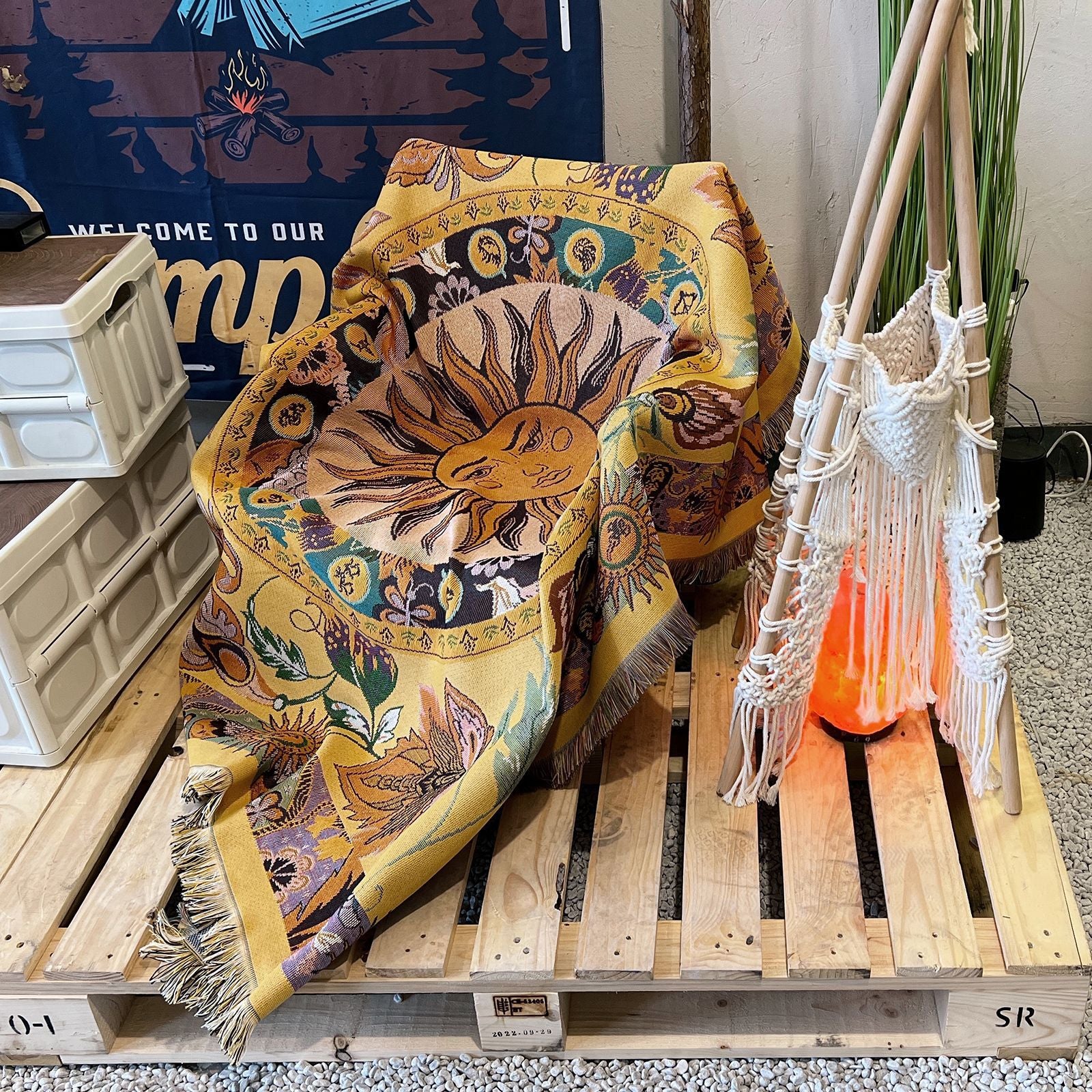 Coperta Sol Boho Estetica, Throw Tessuto Vintage con Frange