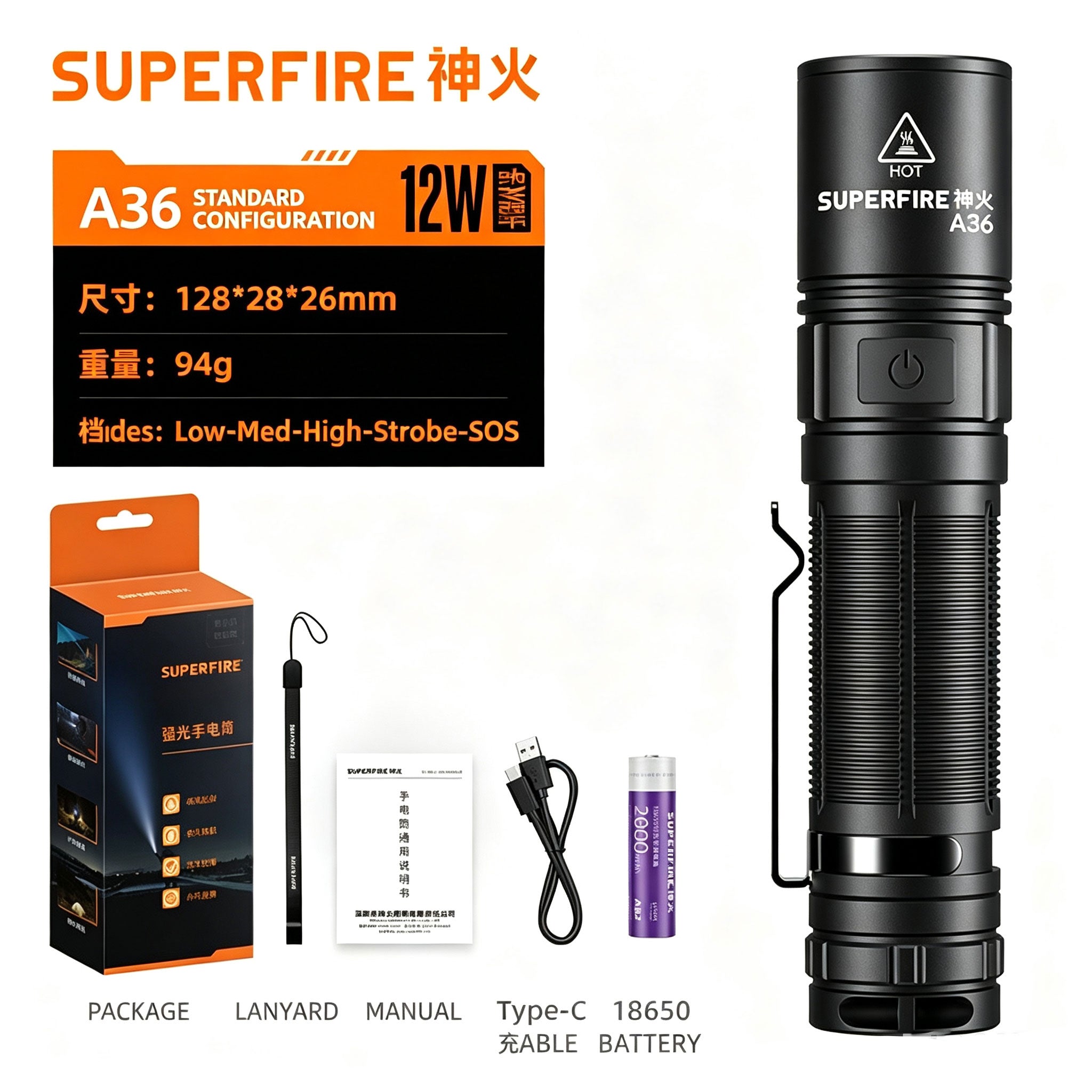 SUPERFIRE A Series Waterproof Rechargeable Tactical Flashlight
