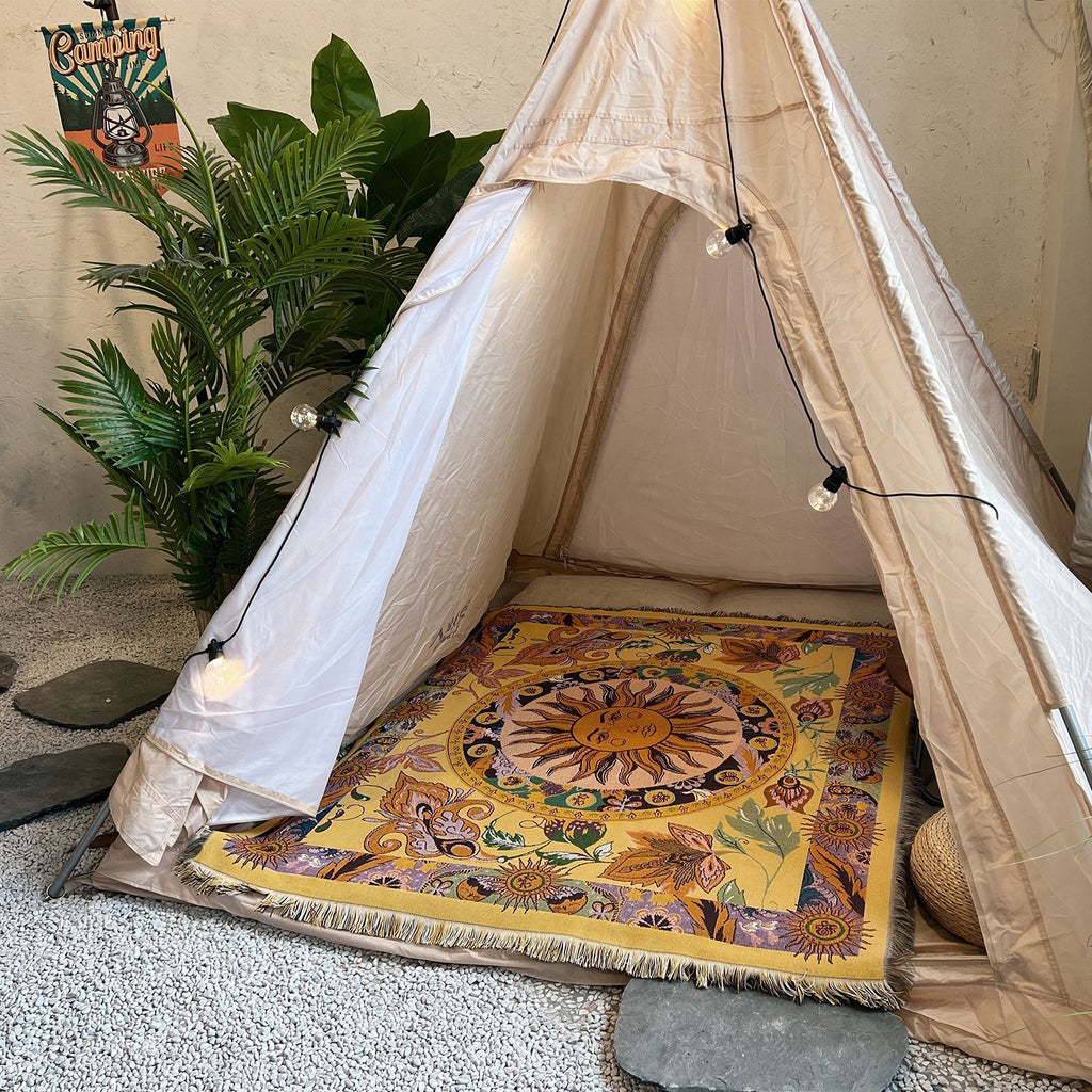 Coperta Sol Boho Estetica, Throw Tessuto Vintage con Frange