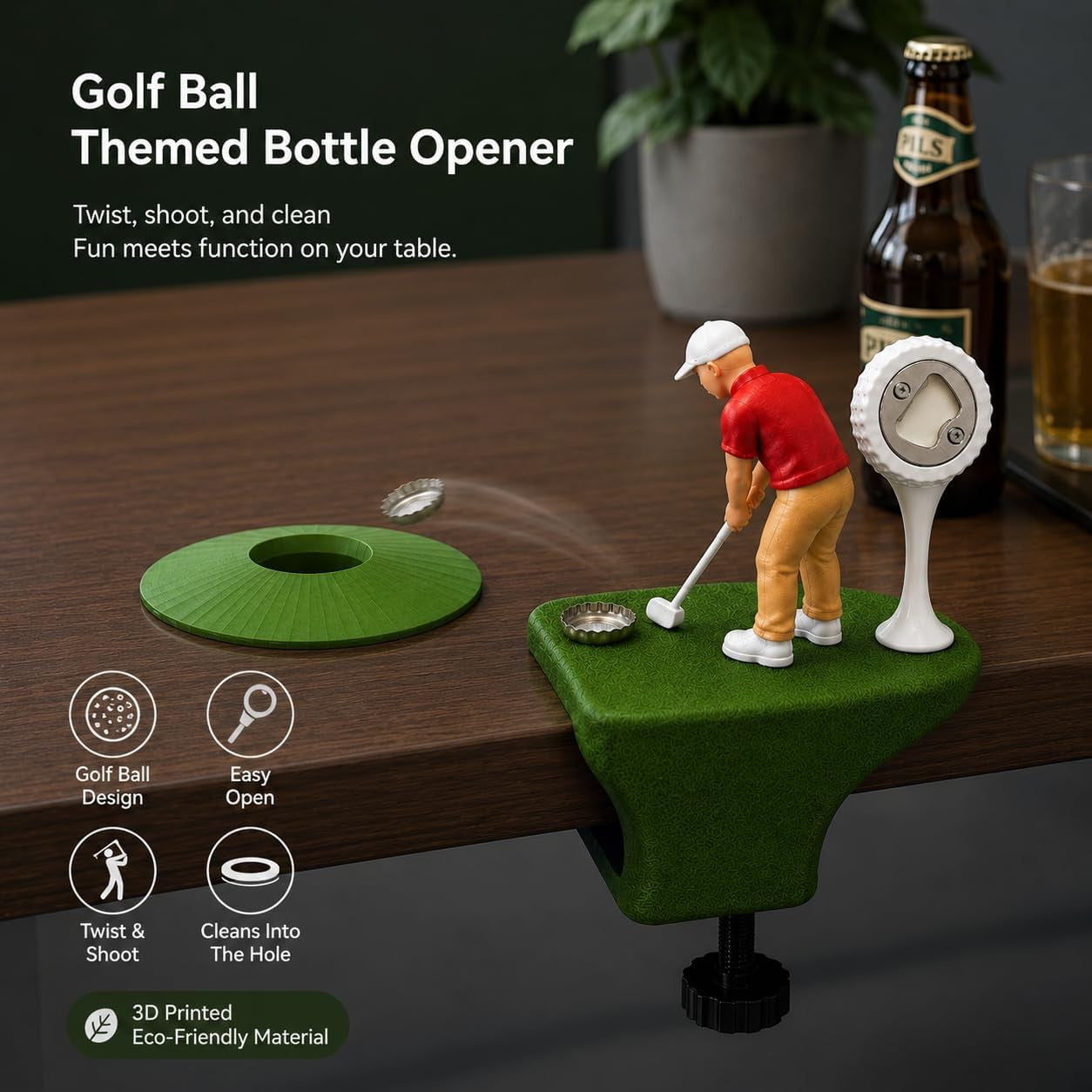 Abridor de Garrafas Mini-Bar Golfer para Bordas de Mesa