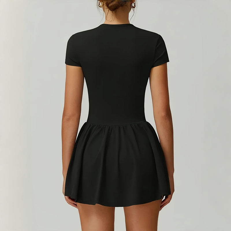 Short-sleeve athletic dress with built-in shorts and pockets