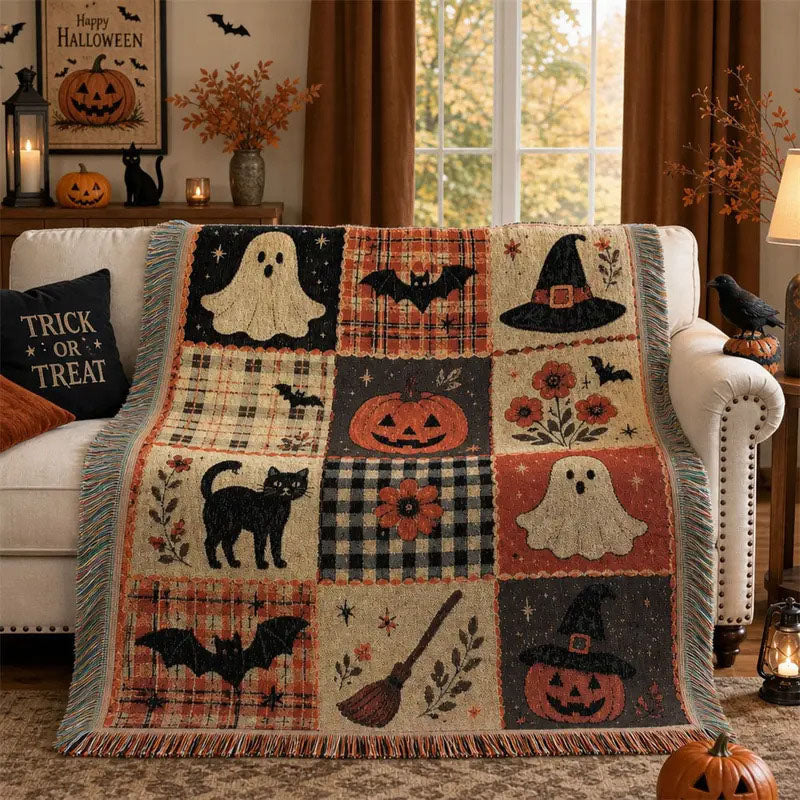 Coperta Throw con Nappine, Zucca e Fantasma di Halloween