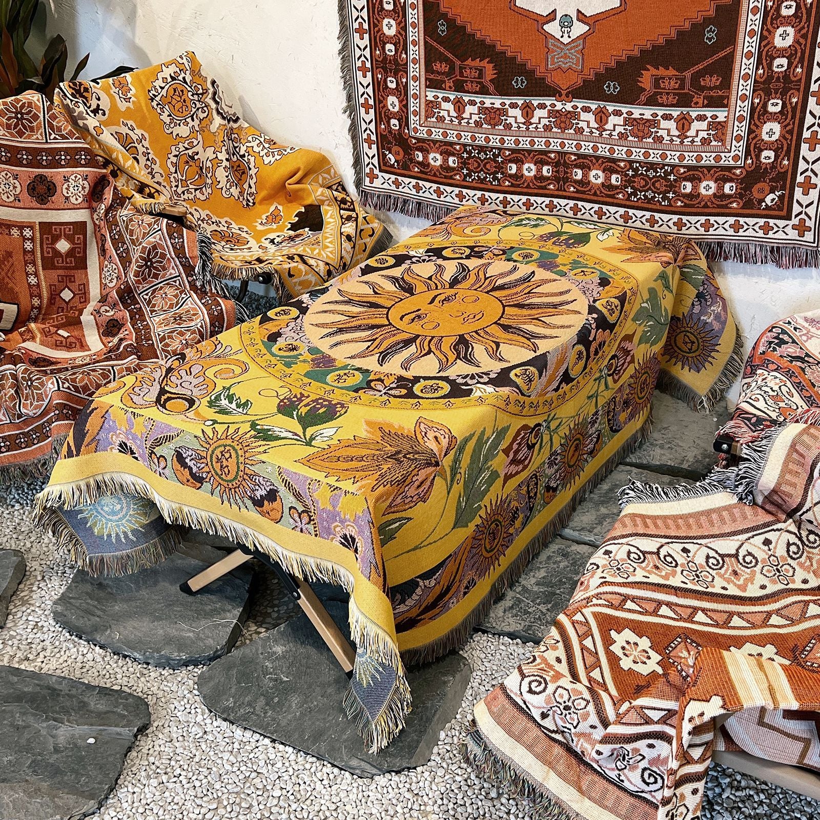 Coperta Sol Boho Estetica, Throw Tessuto Vintage con Frange