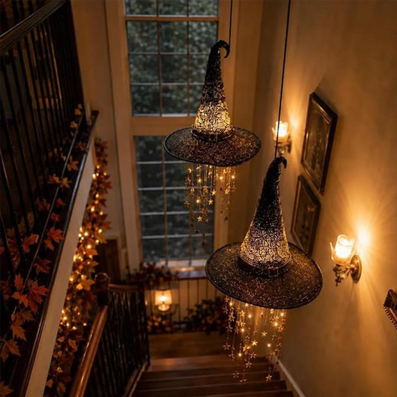 Halloween Hanging Lighted Witch Hat With Star Tassels