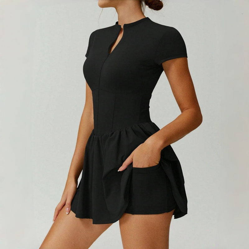 Short-sleeve athletic dress with built-in shorts and pockets