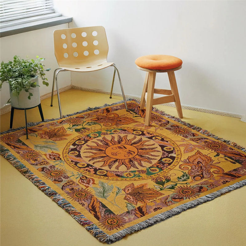 Coperta Sol Boho Estetica, Throw Tessuto Vintage con Frange