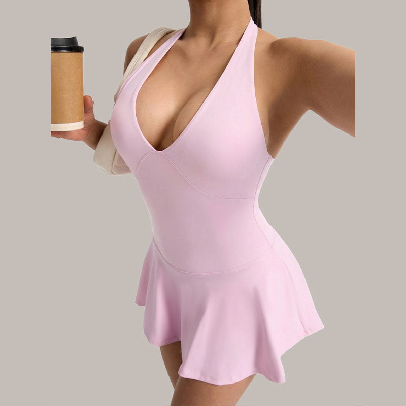 Women Halter Tennis Dress Built-in Shorts