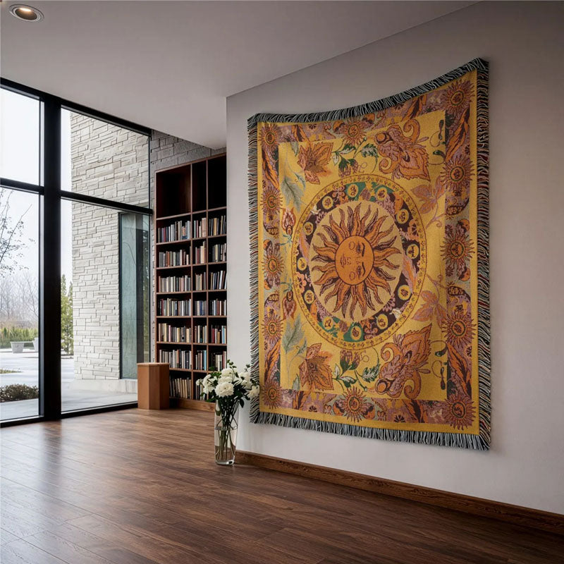 Coperta Sol Boho Estetica, Throw Tessuto Vintage con Frange