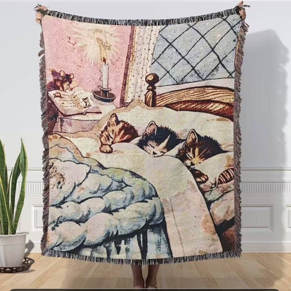Aesthetic Boho Sun Blanket, Vintage Woven Throw with Fringe