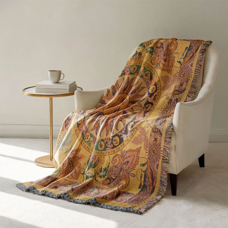 Coperta Sol Boho Estetica, Throw Tessuto Vintage con Frange