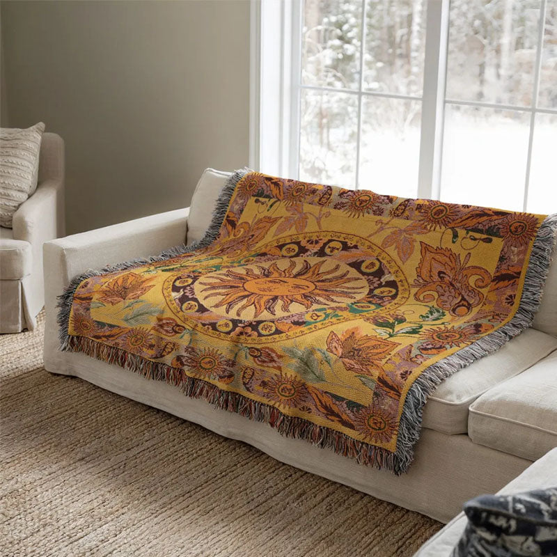 Coperta Sol Boho Estetica, Throw Tessuto Vintage con Frange