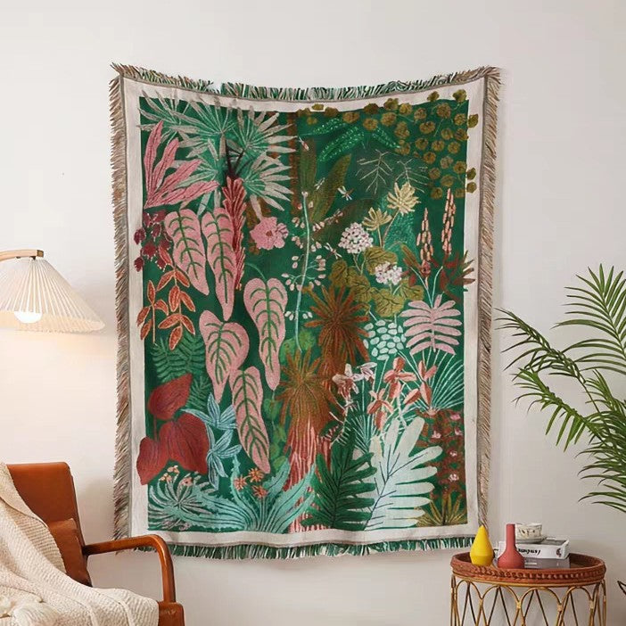 Aesthetic Boho Sun Blanket, Vintage Woven Throw with Fringe