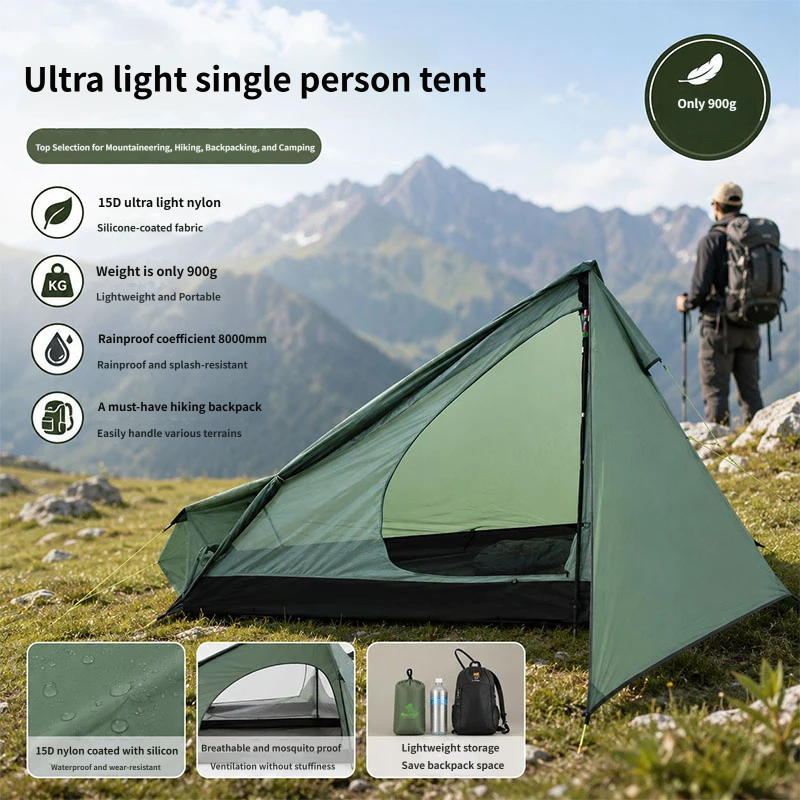 Tenda da backpacking ultraleggera per 1 persona, supportata da bastoni da trekking