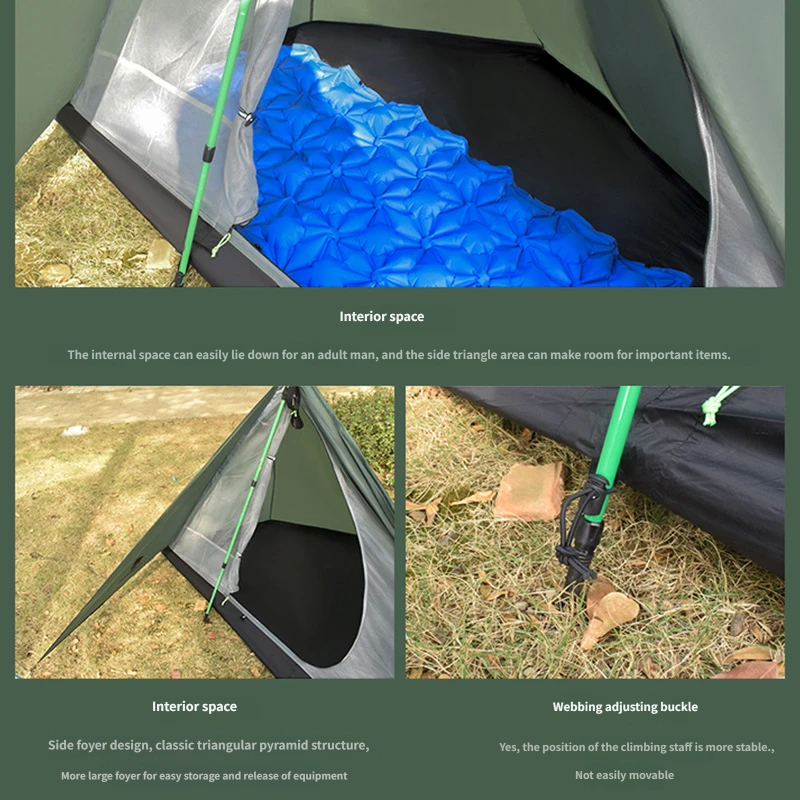 Tenda da backpacking ultraleggera per 1 persona, supportata da bastoni da trekking