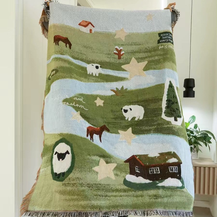 Aesthetic Boho Sun Blanket, Vintage Woven Throw with Fringe
